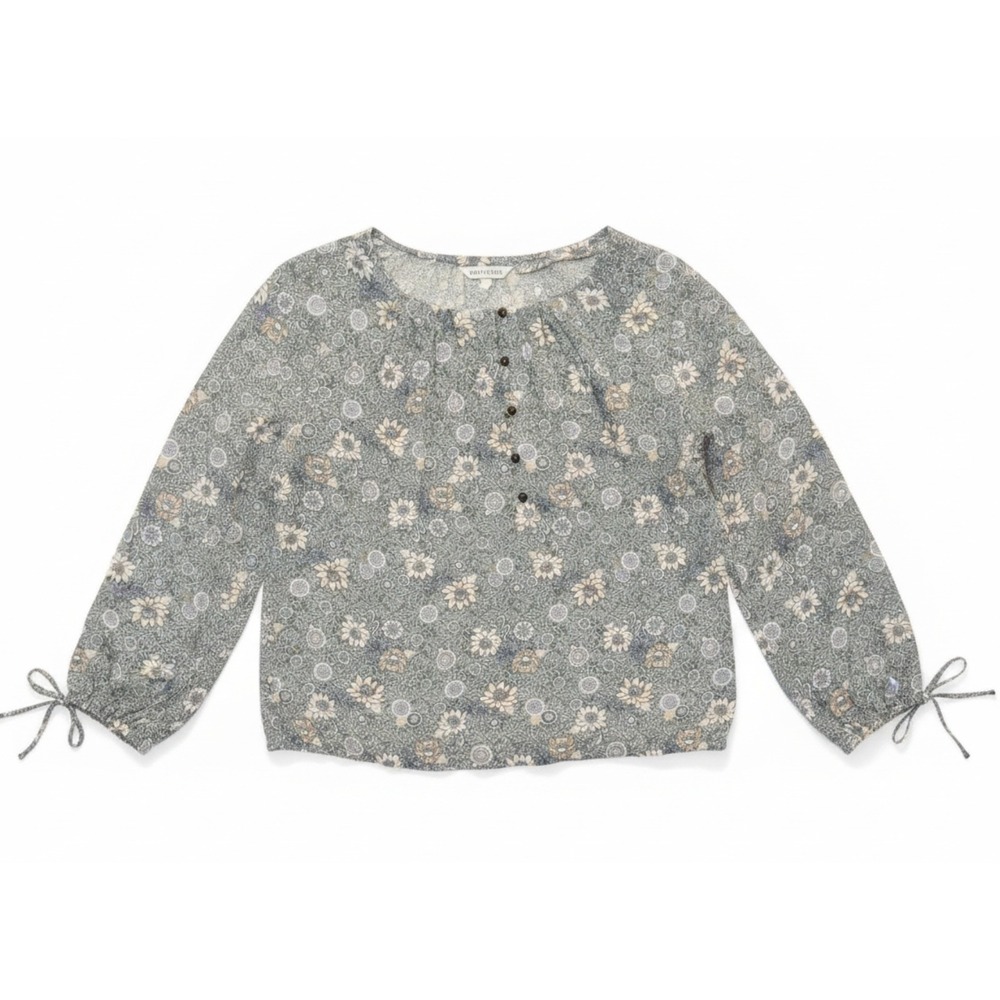 Lucky Brand Womens Medium Floral Peasant Blouse Green Long Sleeve Tie Cuff Top